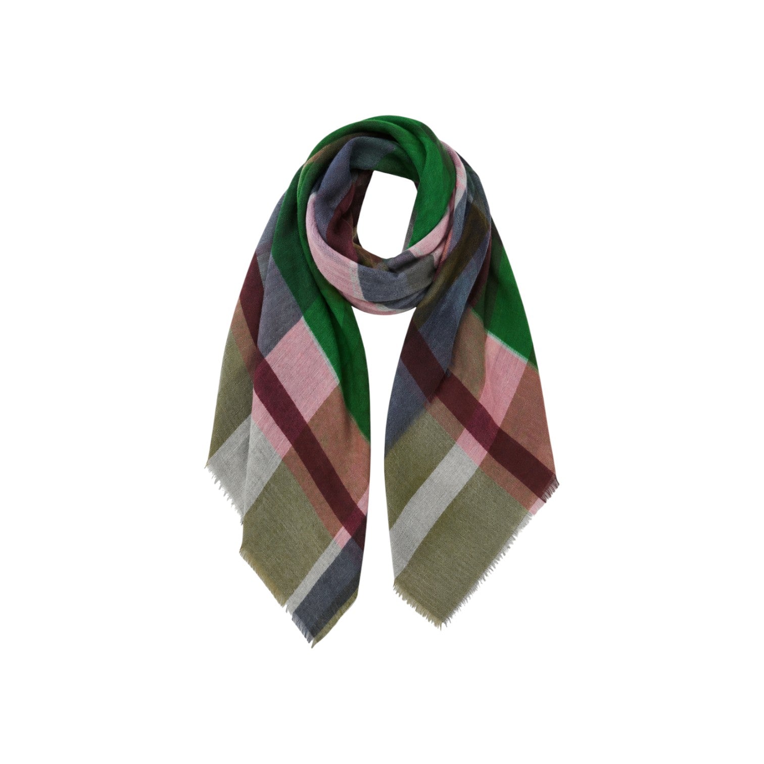 The Tiny Finch Divine scarf in 100% cotton featuring a green, pink, and grey marl color-block plaid pattern.
