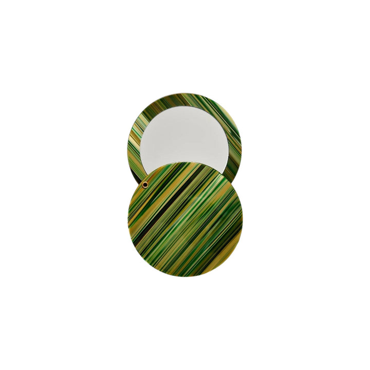 The Tiny Finch handmade Italian acetate pocket mirror in a green striped Meadow pattern with a swivel opening.