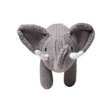 The Tiny Finch grey knitted organic cotton elephant rattle toy with white tusks for babies