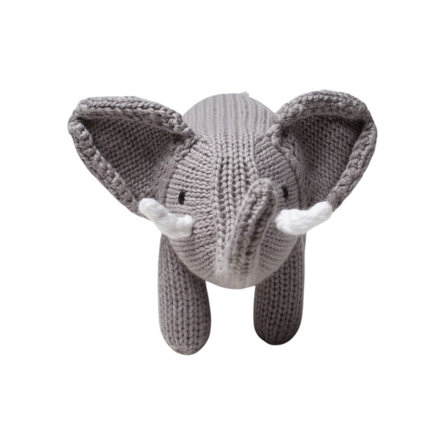 The Tiny Finch grey knitted organic cotton elephant rattle toy with white tusks for babies