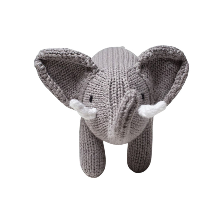 The Tiny Finch grey knitted organic cotton elephant rattle toy with white tusks for babies