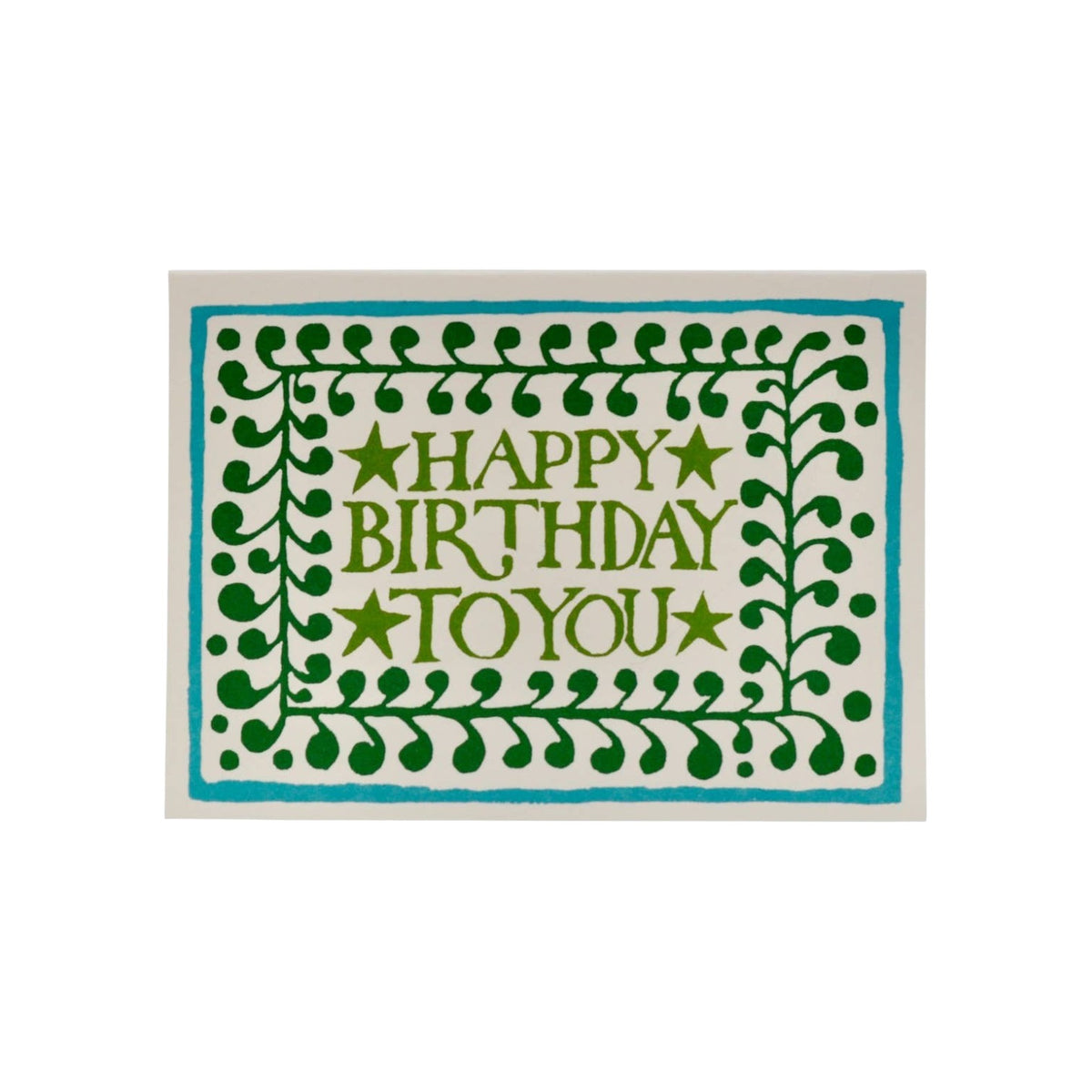 The Tiny Finch Happy Birthday greeting card with a green comma border and blue frame on ivory 300gsm paper.
