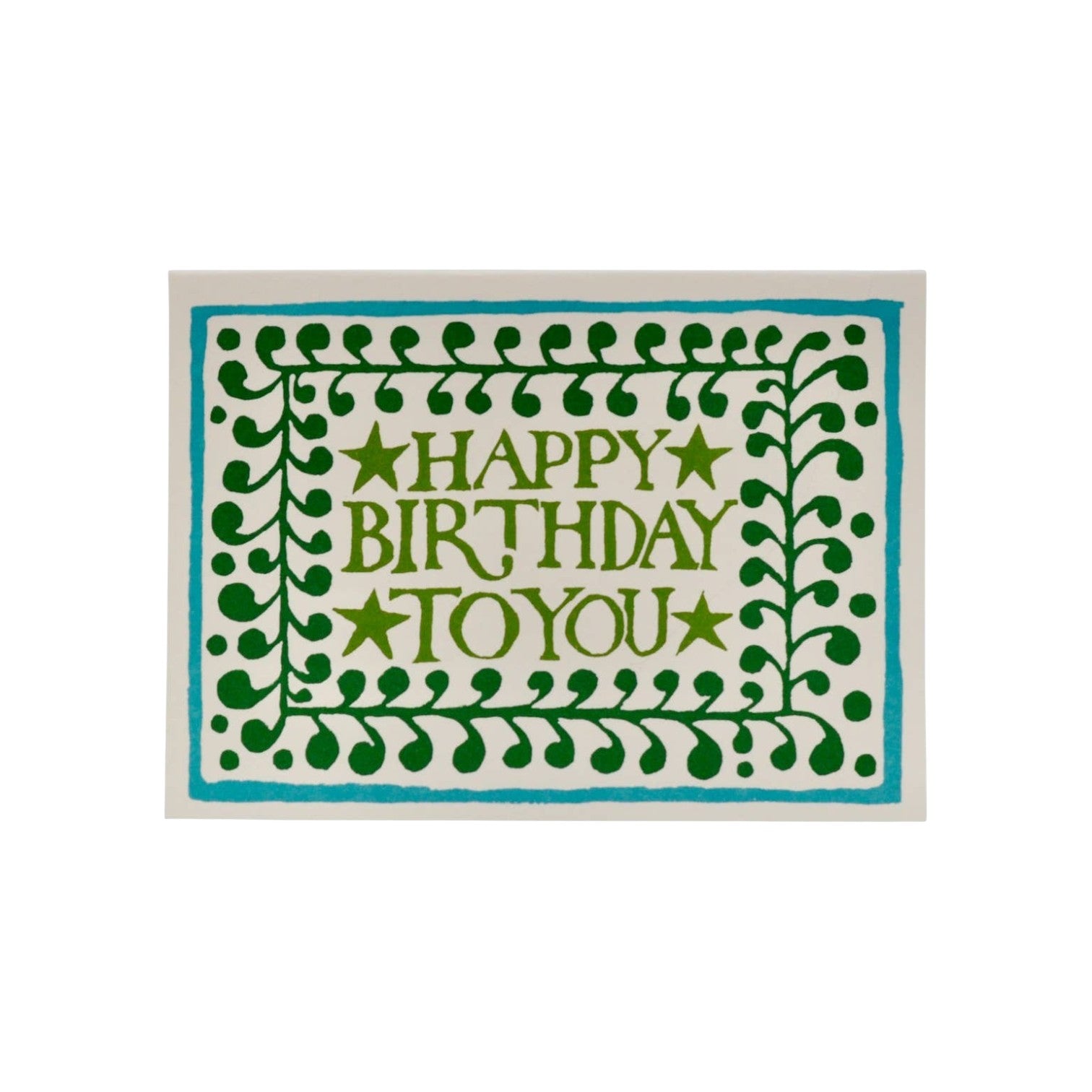The Tiny Finch Happy Birthday greeting card with a green comma border and blue frame on ivory 300gsm paper.