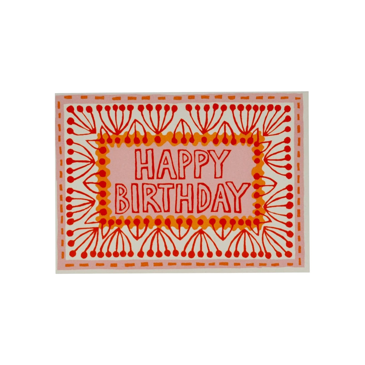 The Tiny Finch Happy Birthday greeting card featuring a pink center with red text and a decorative floral border.