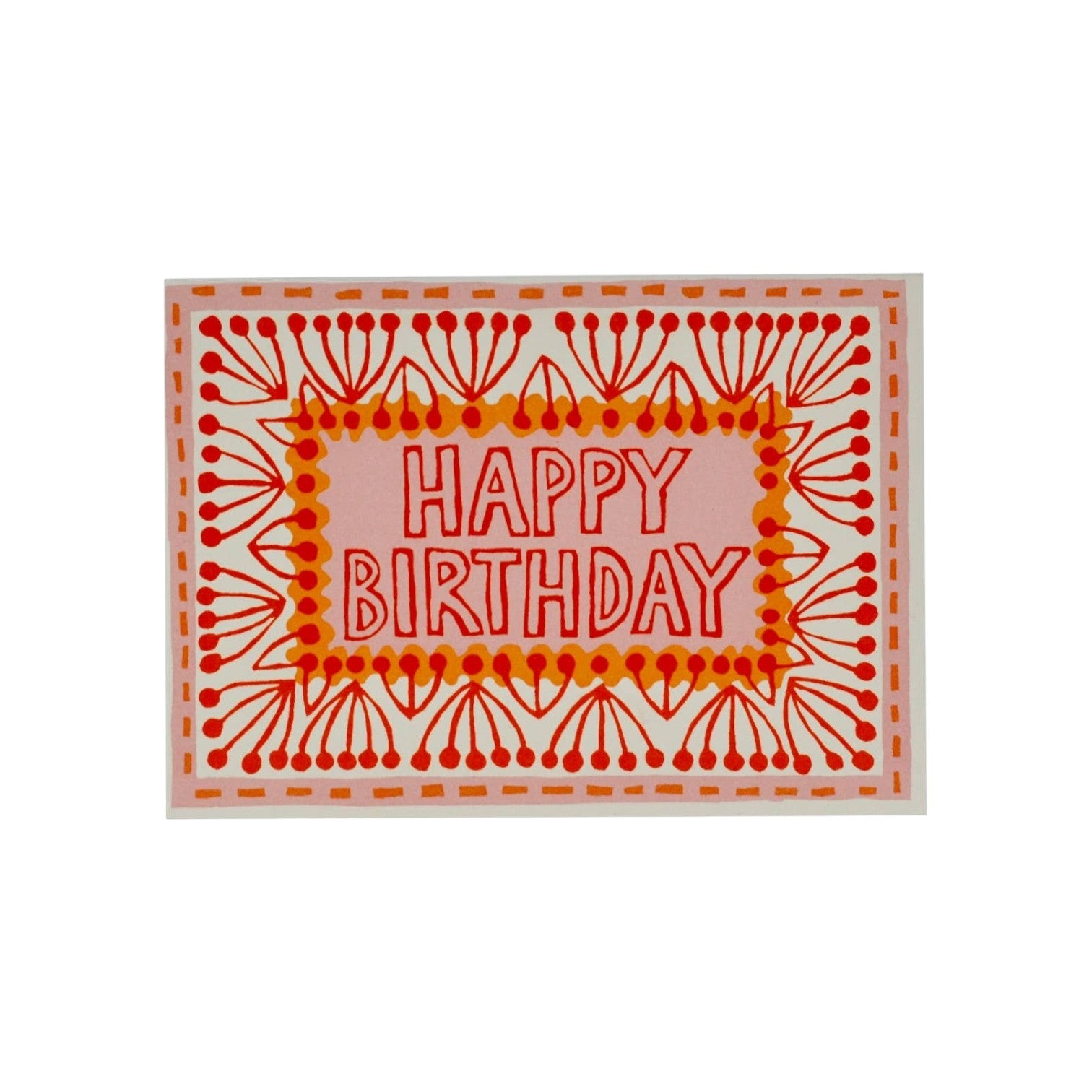 The Tiny Finch Happy Birthday greeting card featuring a pink center with red text and a decorative floral border.