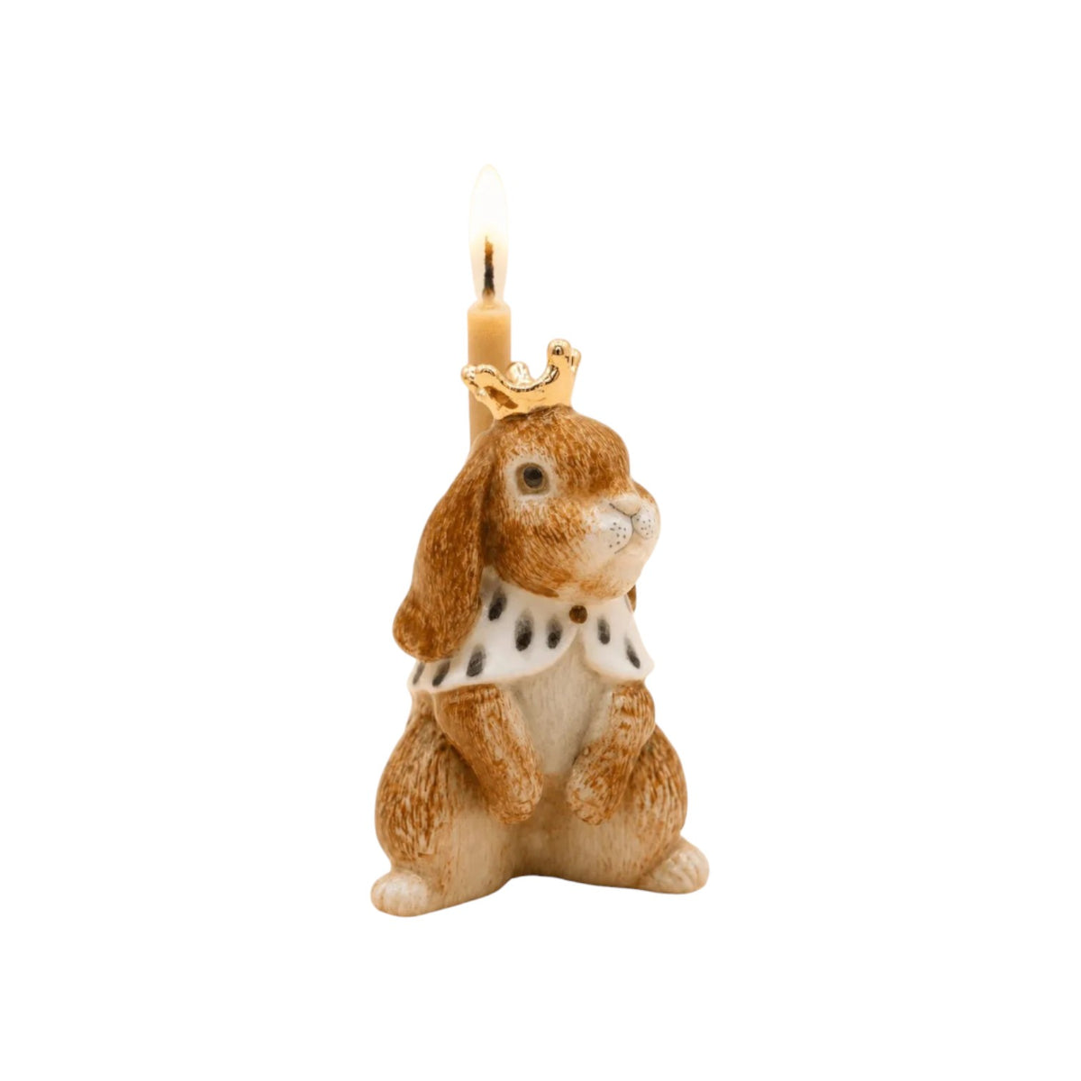 The Tiny Finch Highness Hare cake topper featuring a brown rabbit wearing a crown and ermine cape with a lit candle.