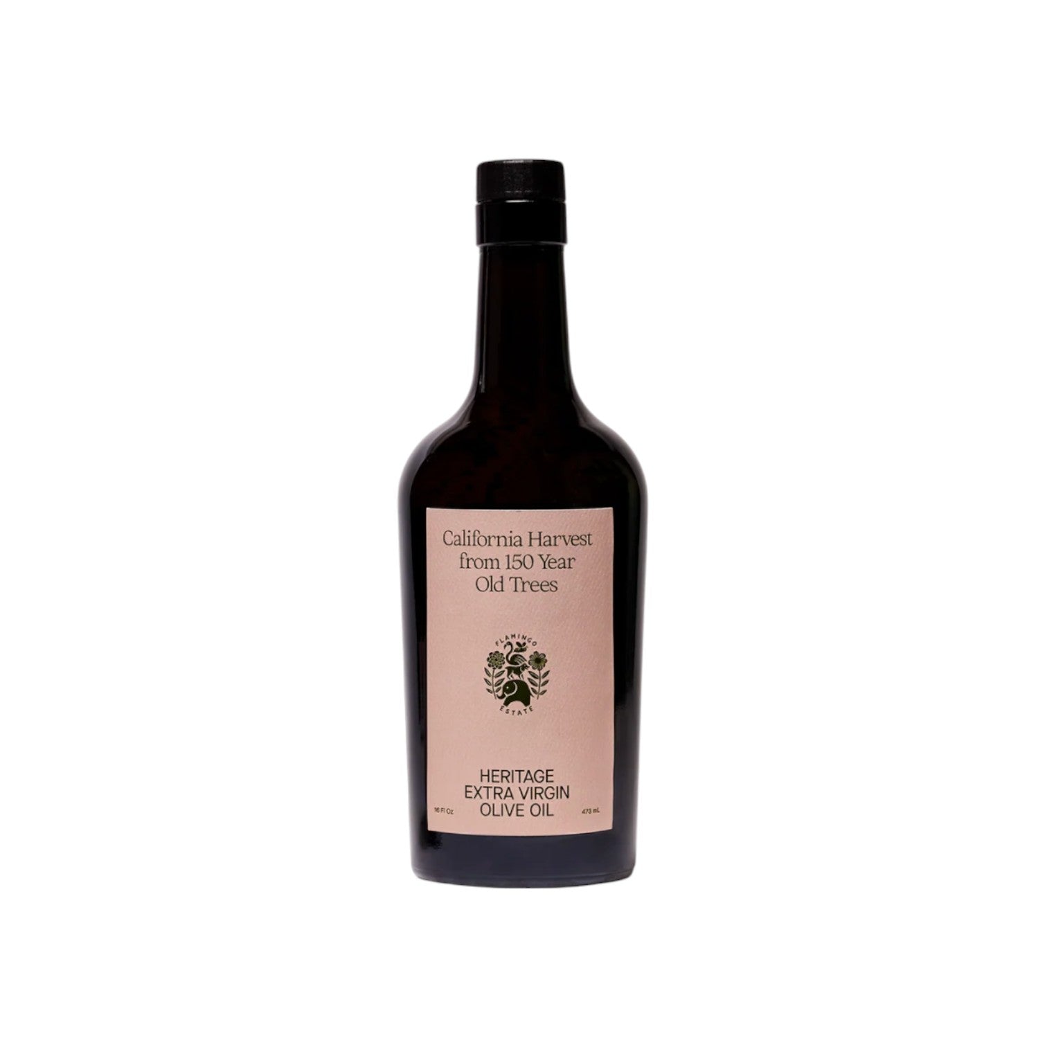 The Tiny Finch Heritage Extra Virgin Olive Oil in a dark glass bottle with a light pink label.