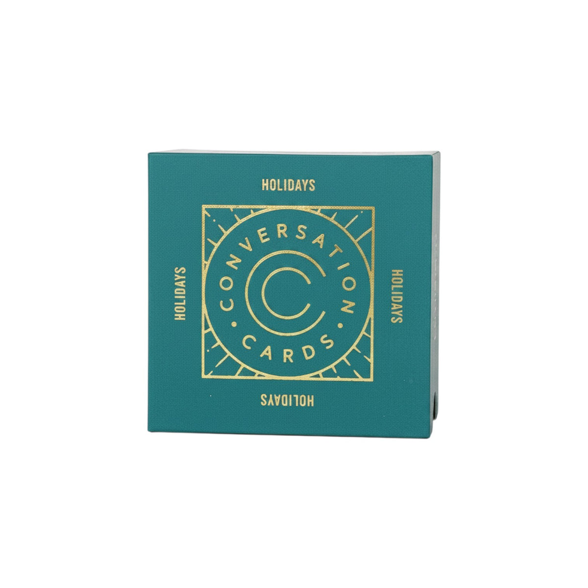 The Tiny Finch holiday conversation cards in a teal box with gold foil lettering and magnetic closure.