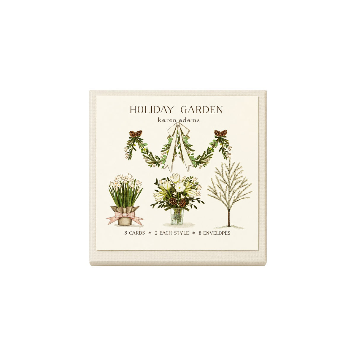 The Tiny Finch Holiday Garden gift tag set featuring four hand-finished botanical illustrations on white cardstock.