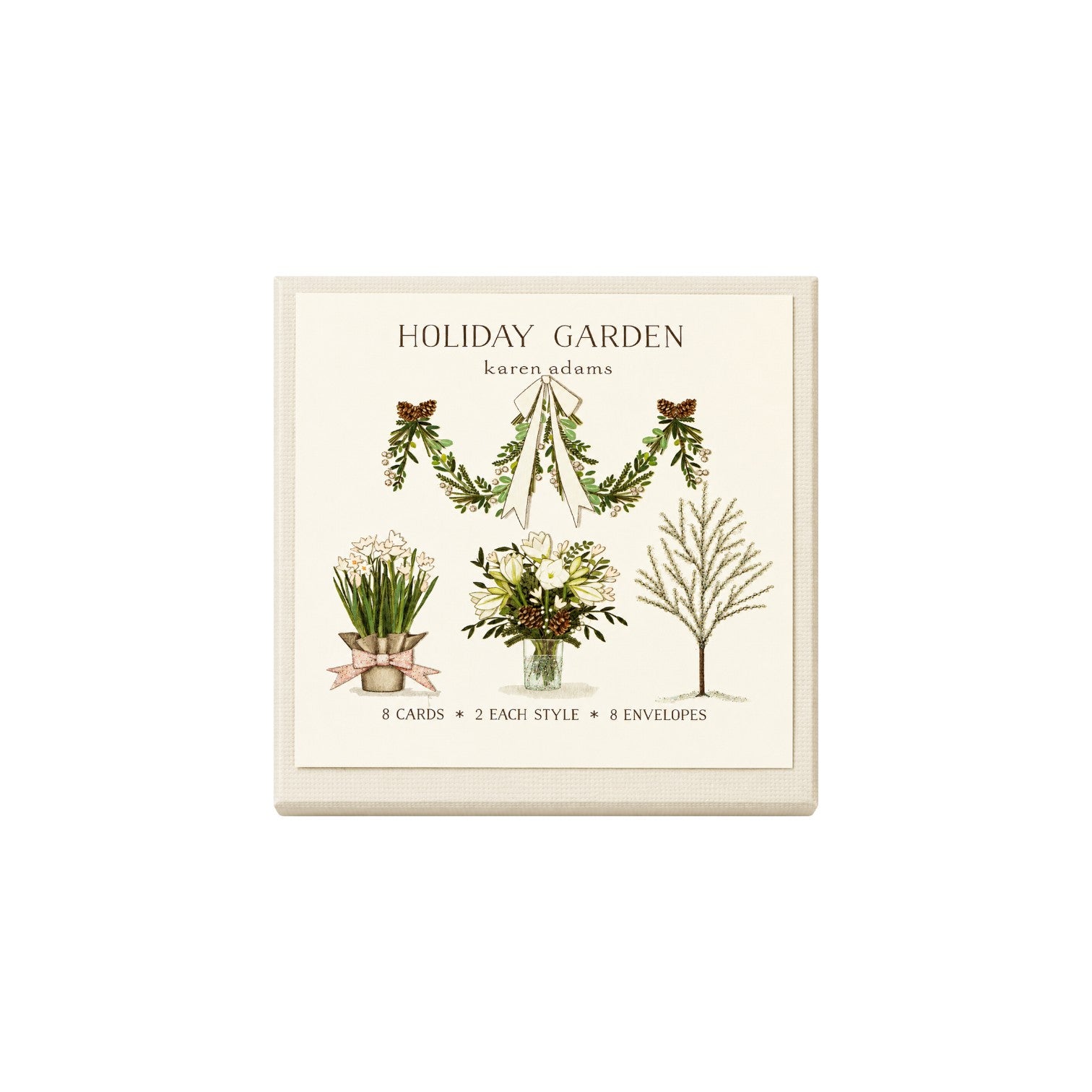 The Tiny Finch Holiday Garden gift tag set featuring four hand-finished botanical illustrations on white cardstock.