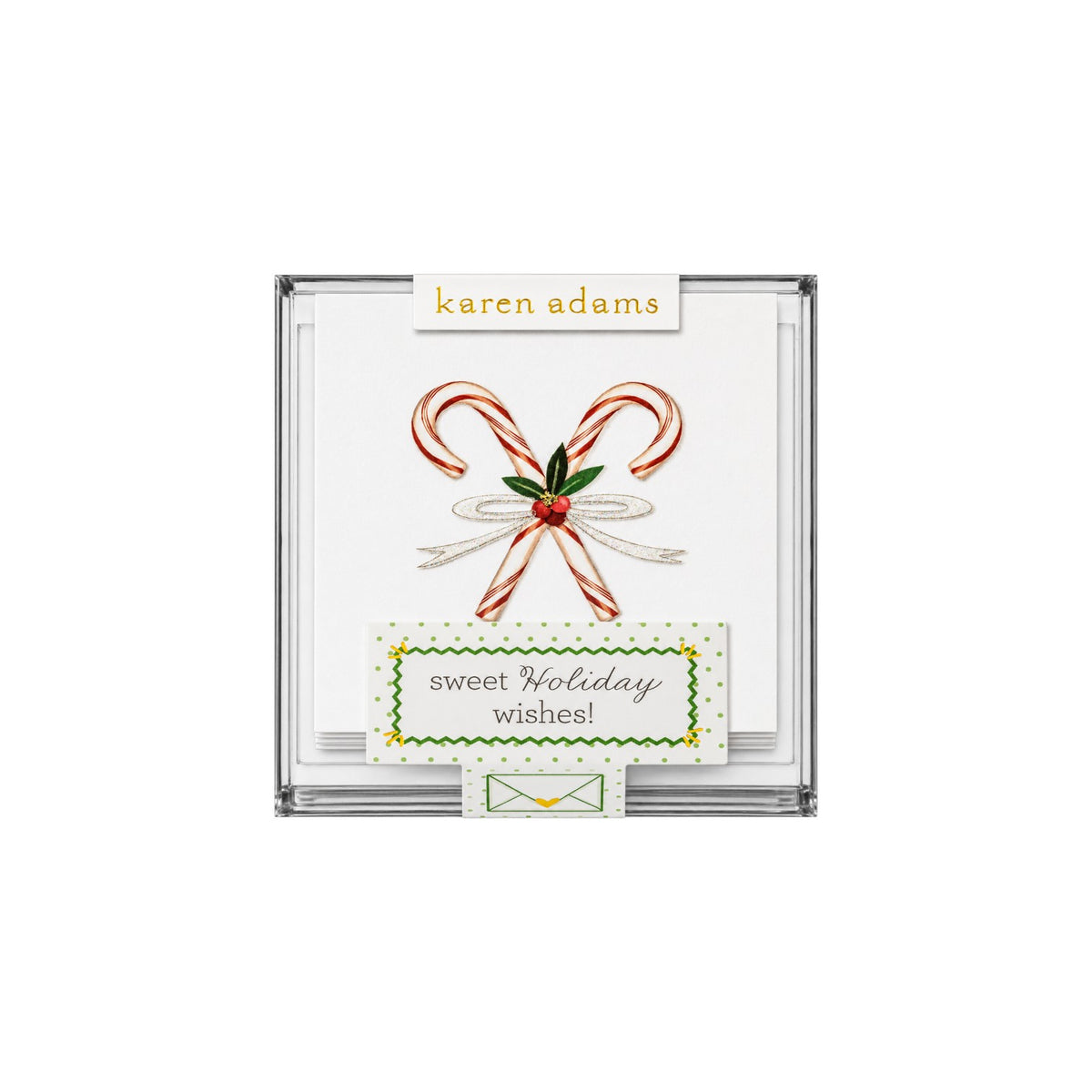 The Tiny Finch Sweet Holidays Wishes gift enclosure cards in a clear acrylic box with hand-glittered candy cane art.