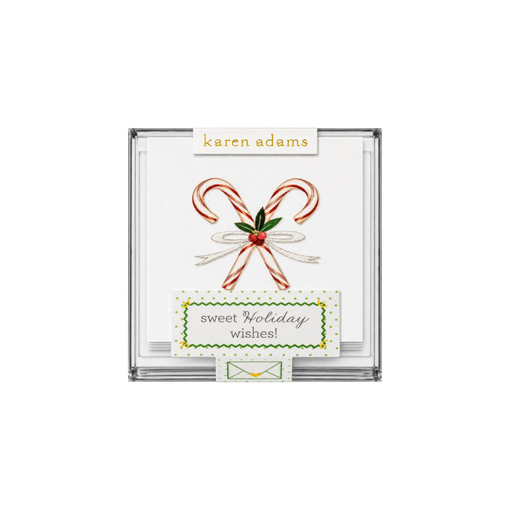 The Tiny Finch Sweet Holidays Wishes gift enclosure cards in a clear acrylic box with hand-glittered candy cane art.