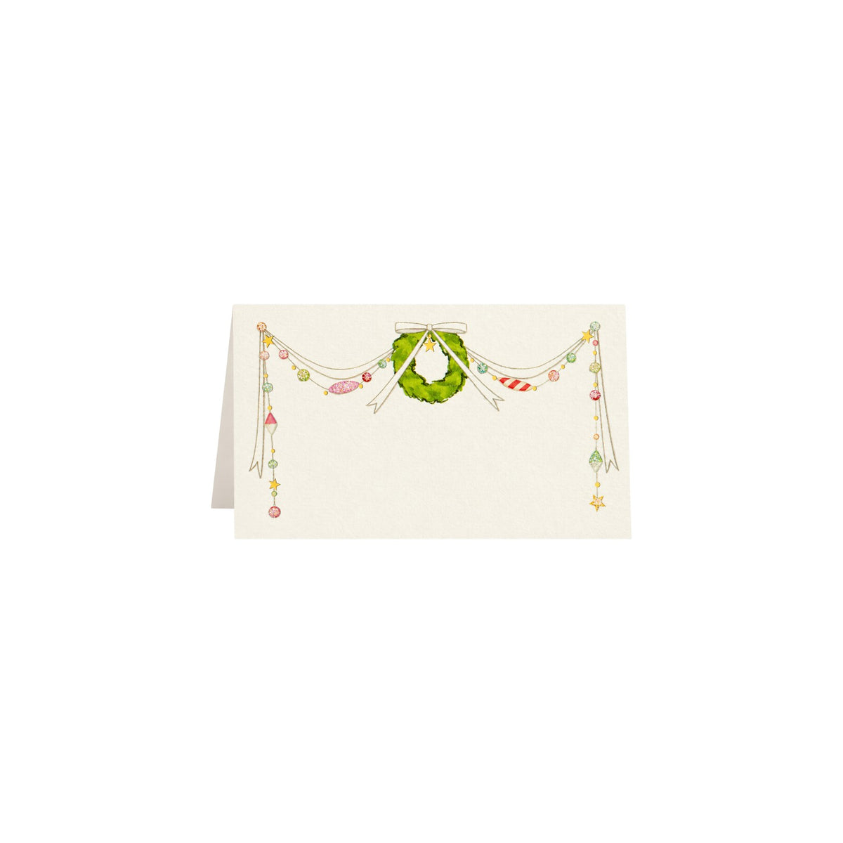 The Tiny Finch Tis the Season place cards featuring a festive wreath and gold foil ornaments on natural white paper.
