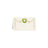 The Tiny Finch Tis the Season place cards featuring a festive wreath and gold foil ornaments on natural white paper.