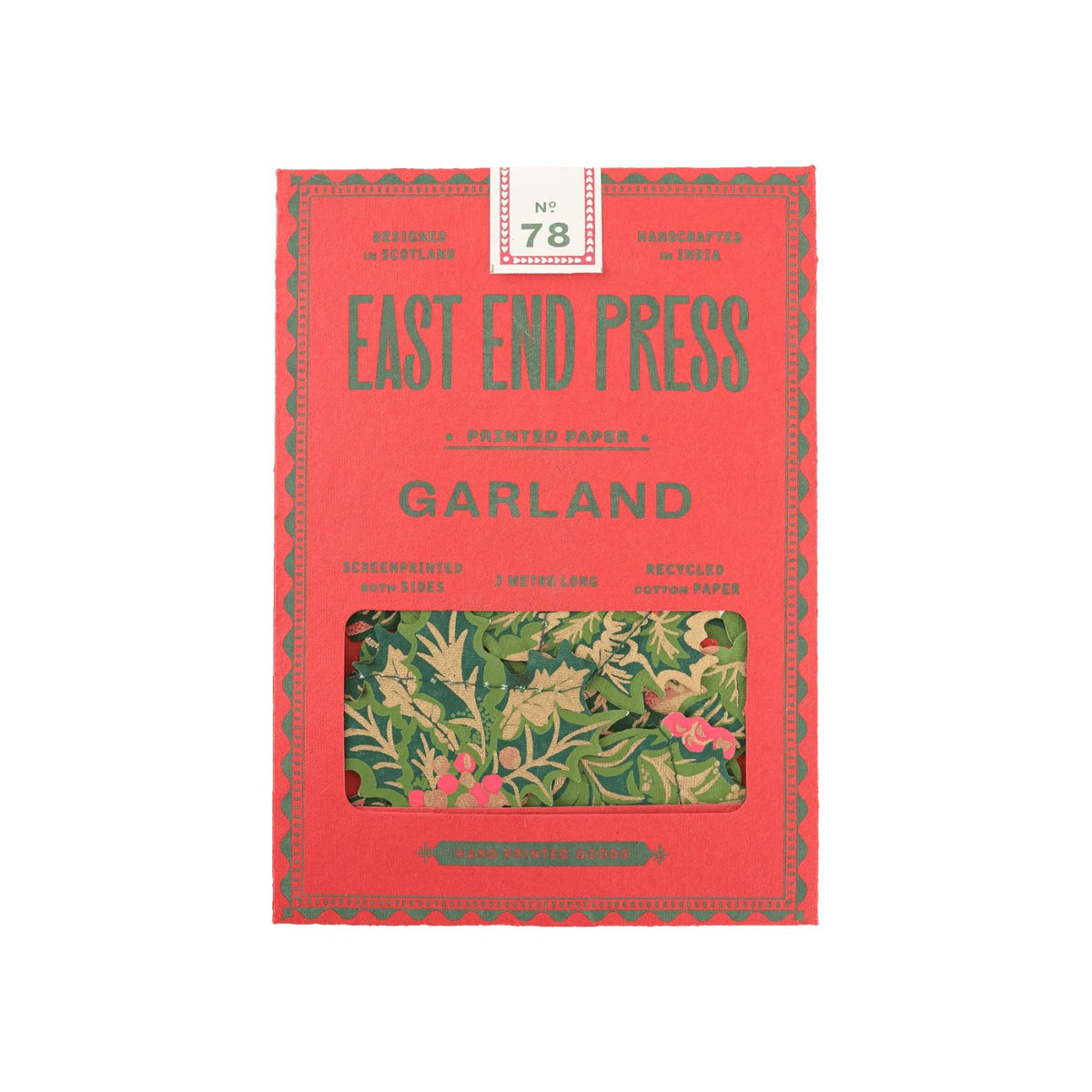The Tiny Finch East End Press holly and ivy Christmas garland in red and green recycled paper packaging