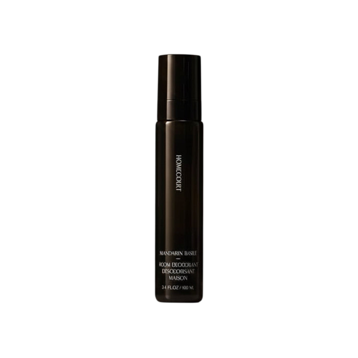 The Tiny Finch Homecourt Mandarin Basile room deodorant spray in a sleek black bottle against a neutral background.