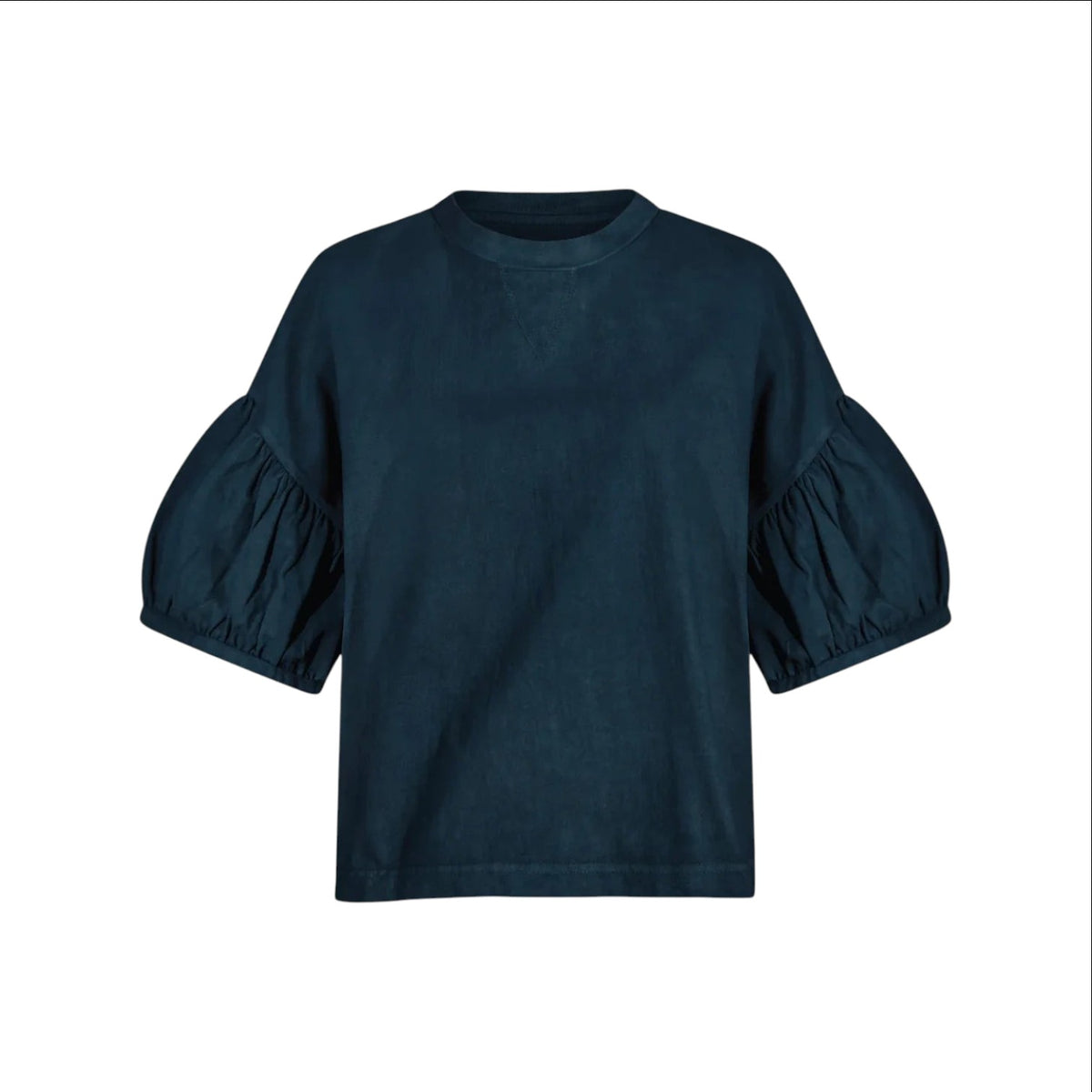 The Tiny Finch Intention Top in indigo featuring a relaxed fit, crew neckline, and gathered puff sleeves.
