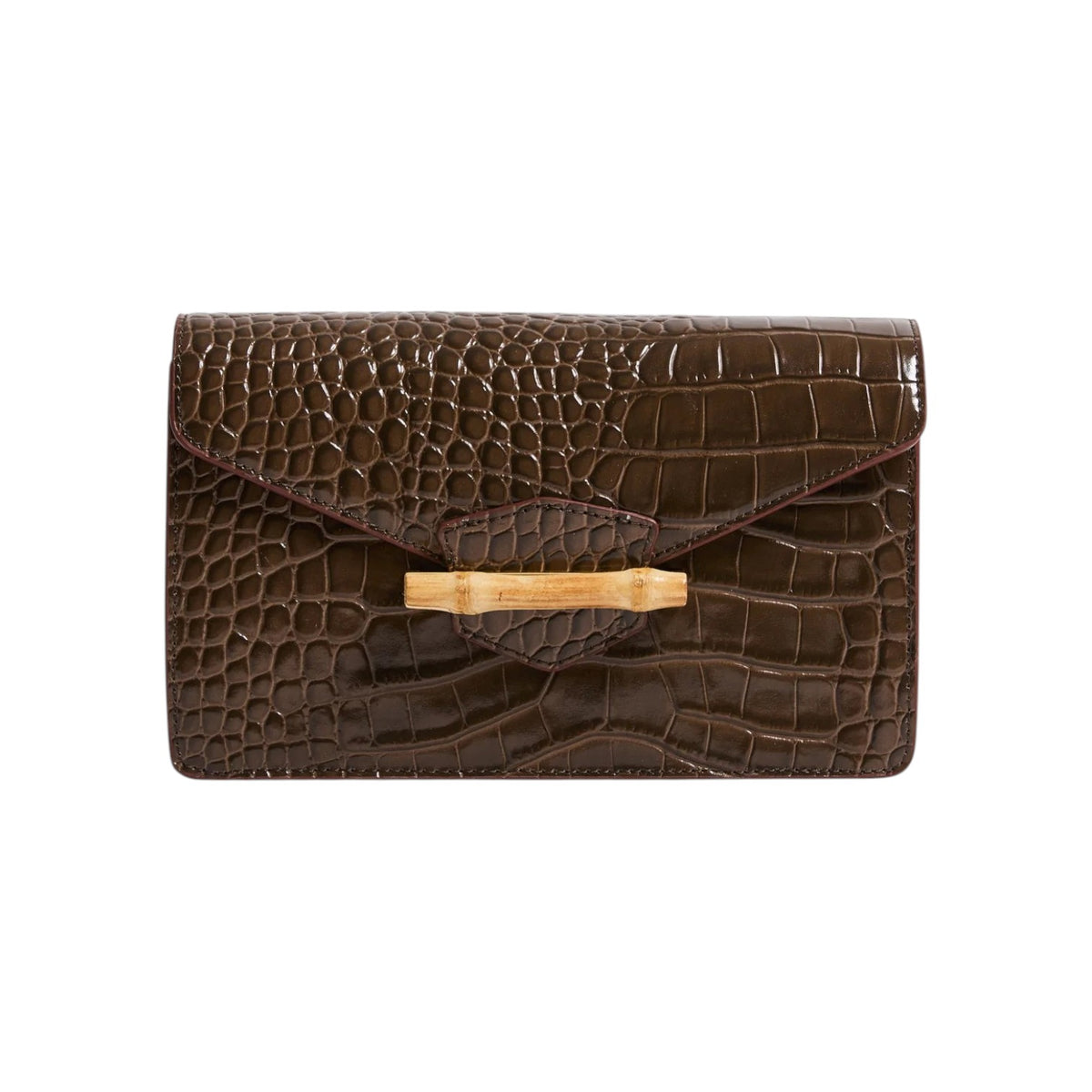 The Tiny Finch Pamela Munson Jackie Bag in chocolate brown croc-embossed leather with a bamboo closure.