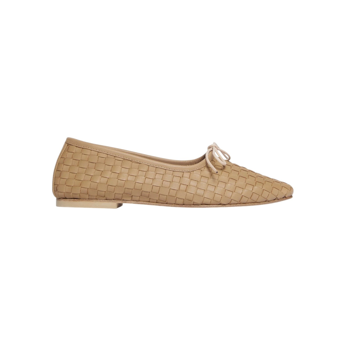 The Tiny Finch Jada Woven Latte ballet flat in soft beige leather with a delicate bow detail and woven texture.