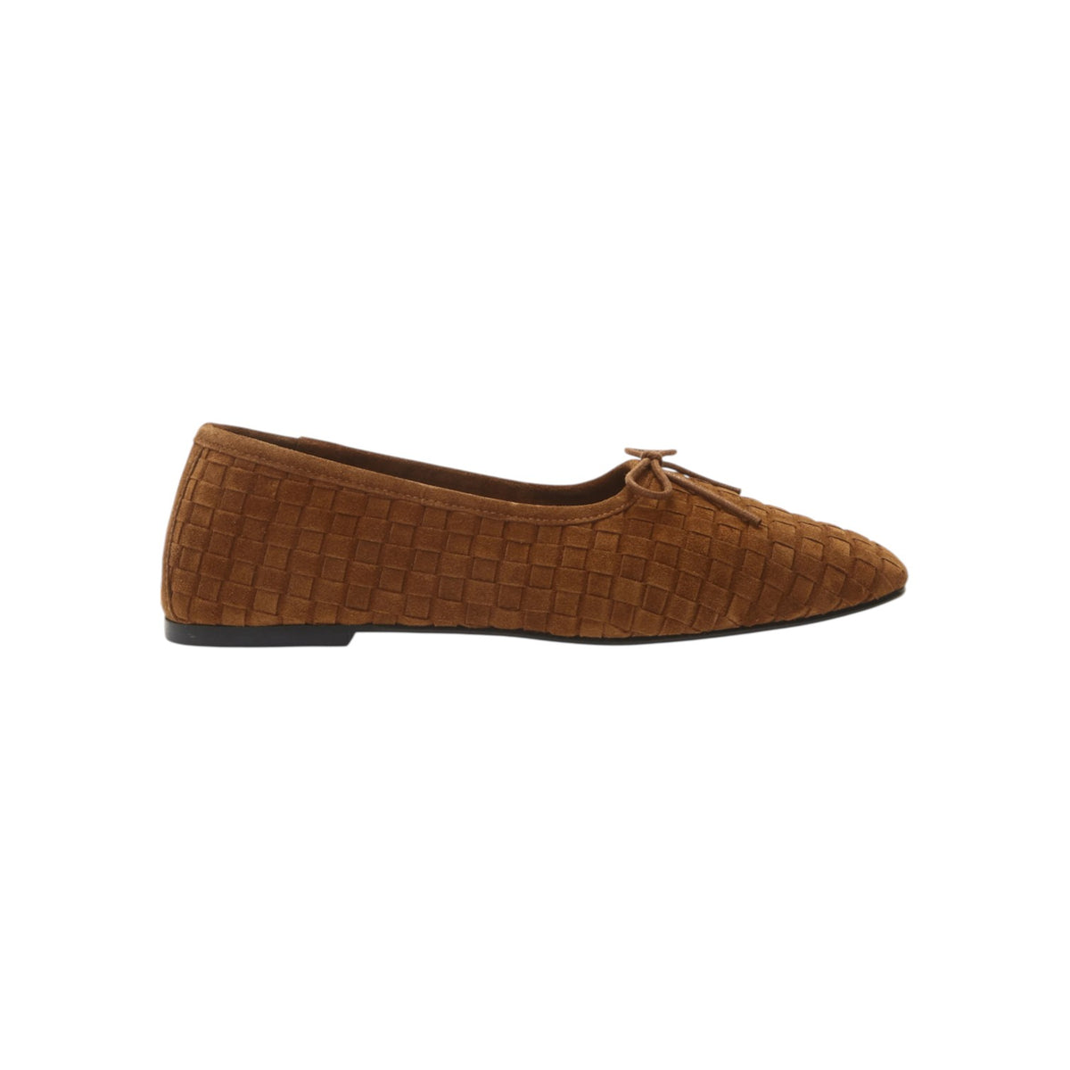 The Tiny Finch Freda Salvador Jada handwoven toffee brown suede ballet flat with a delicate bow detail.