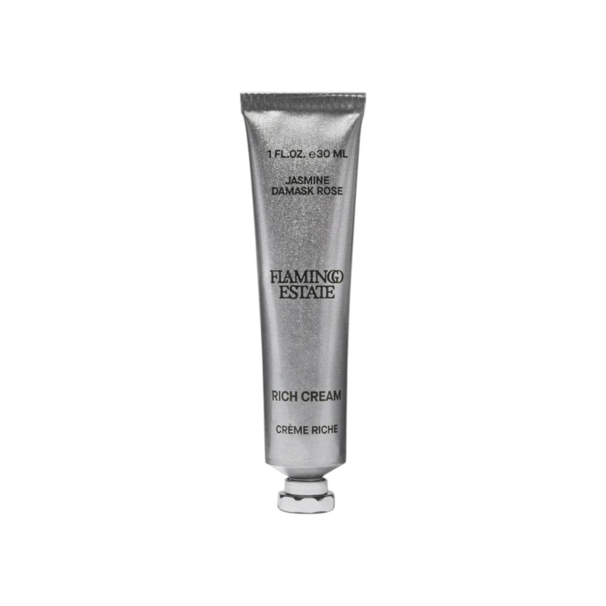 The Tiny Finch Flamingo Estate Jasmine Damask Rose Rich Cream in a silver 30ml squeeze tube.