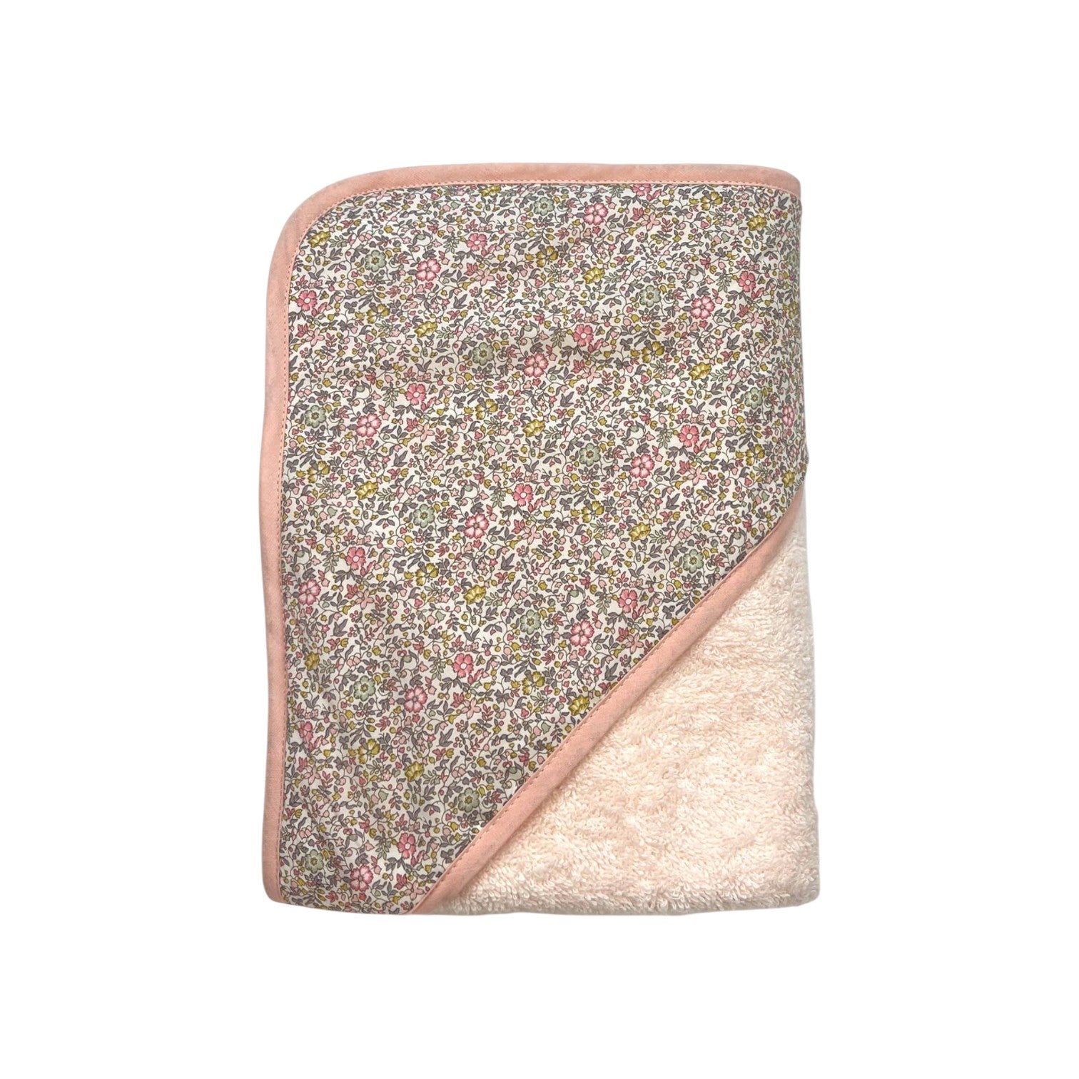 The Tiny Finch Juliette baby bath towel featuring floral Liberty fabric and soft pink sponge loop trim.