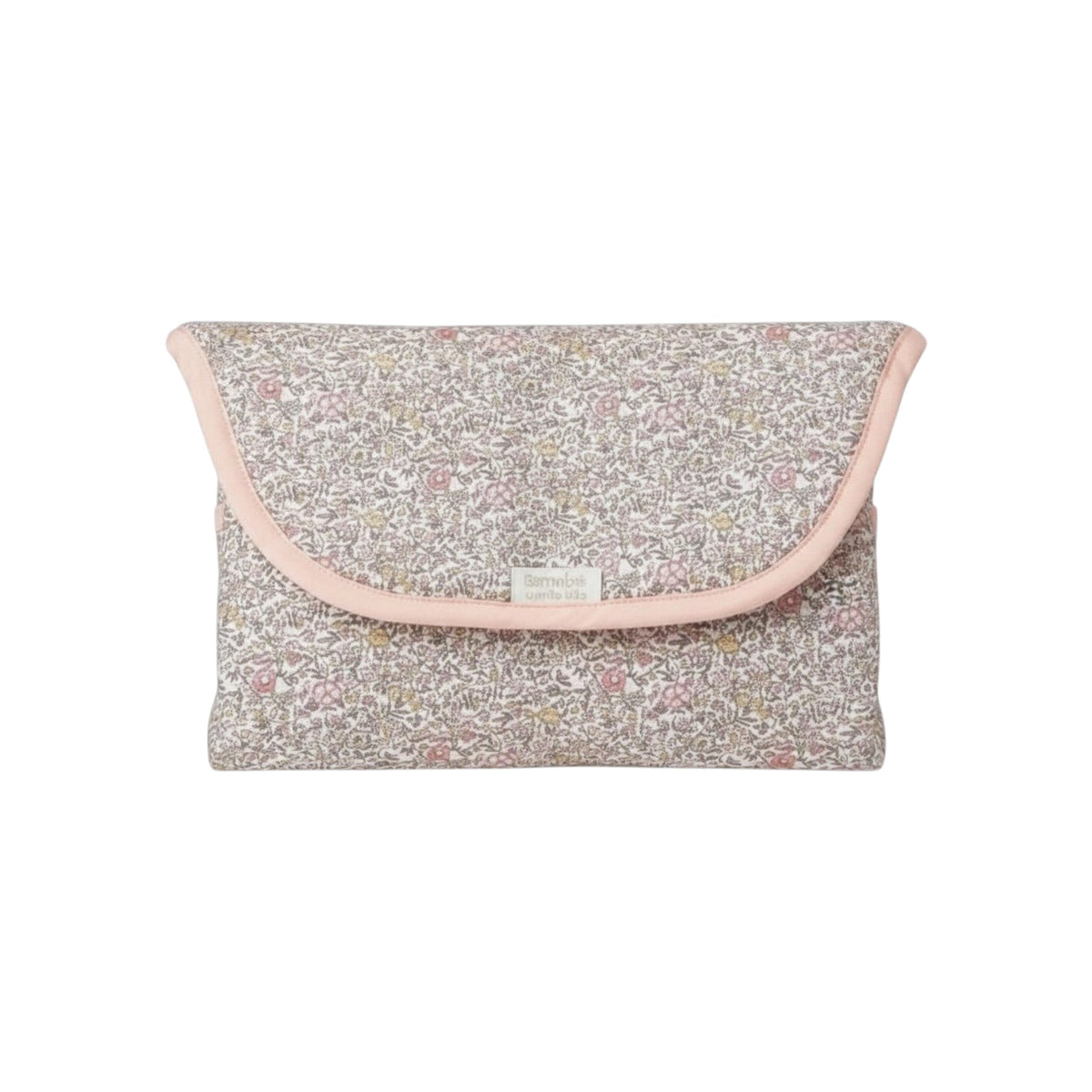 The Tiny Finch Juliette Liberty fleece travel changing mat folded into a compact floral pouch with pink trim.