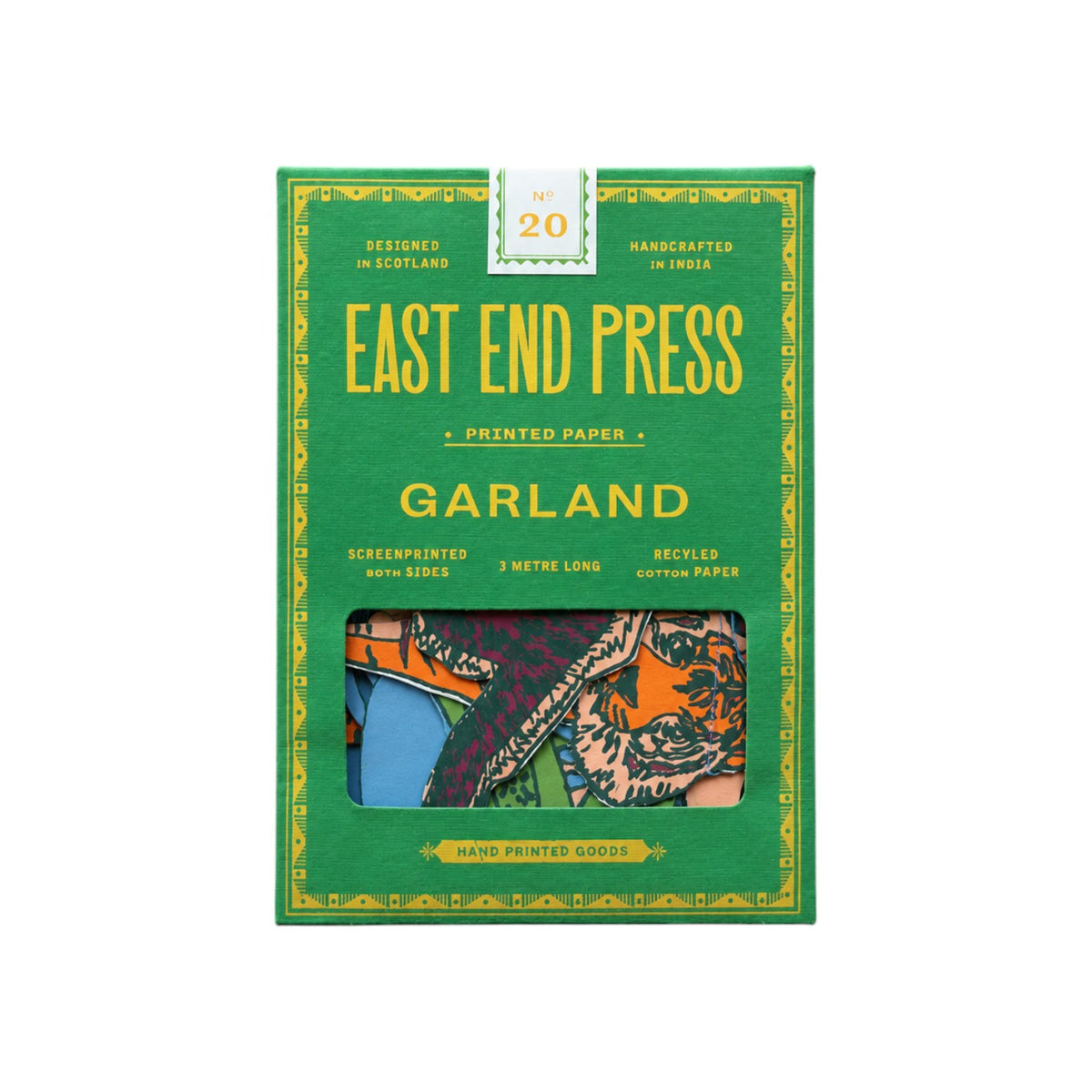 The Tiny Finch East End Press jungle animal garland in a green box featuring screen-printed recycled paper shapes.