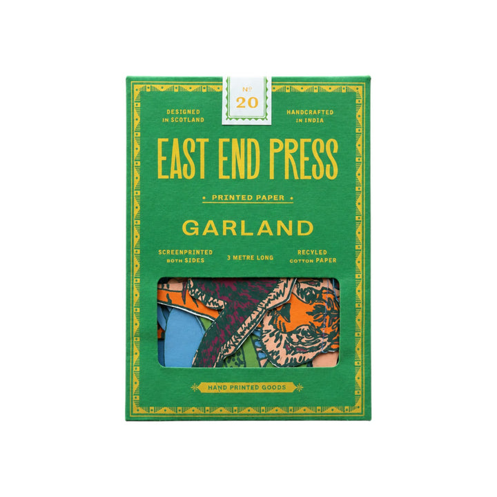 The Tiny Finch East End Press jungle animal garland in a green box featuring screen-printed recycled paper shapes.