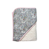The Tiny Finch Katie baby towel featuring grey Liberty floral fabric with pink trim and soft white sponge loop backing.