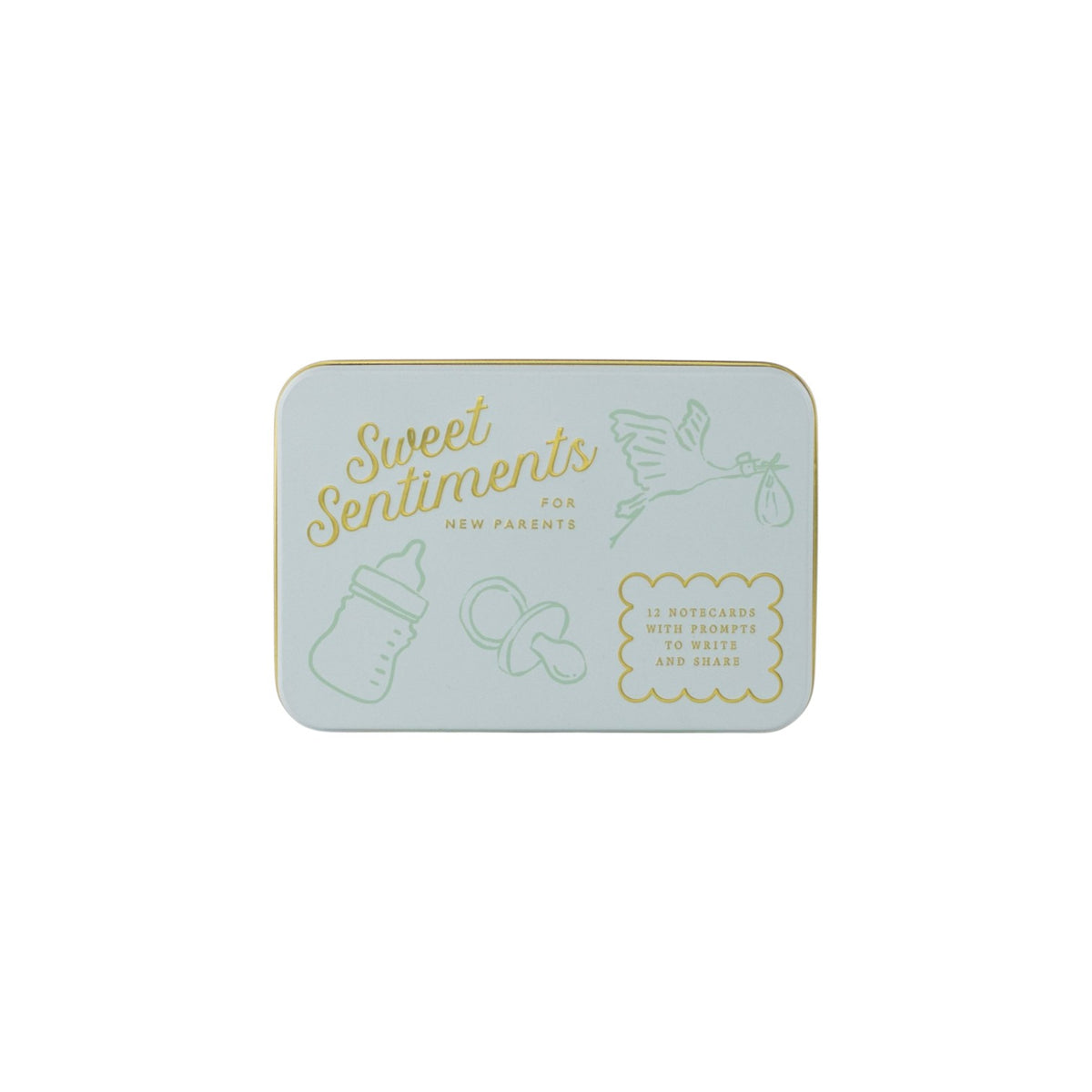 The Tiny Finch Sweet Sentiments keepsake tin in light blue with gold-pressed baby-themed illustrations and text.