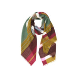 The Tiny Finch Petra scarf in fine wool featuring a structured khaki, burgundy, and pink geometric pattern.
