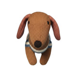 The Tiny Finch hypoallergenic knit organic cotton stuffed dachshund dog toy with a striped sweater