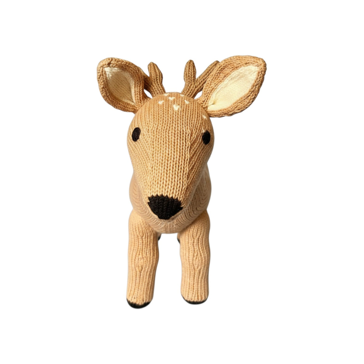 The Tiny Finch knitted deer stuffed toy made from soft tan organic cotton with embroidered details.