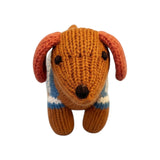 The Tiny Finch knitted dog rattle toy in brown organic cotton wearing a blue and white striped sweater