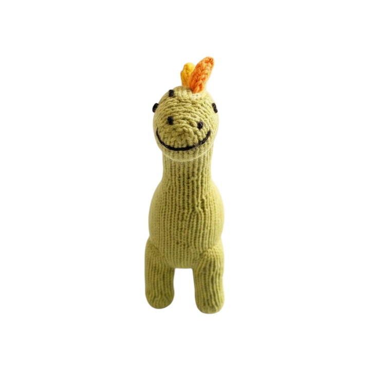 The Tiny Finch handknit organic cotton green brachiosaurus dinosaur rattle toy with orange and yellow crest