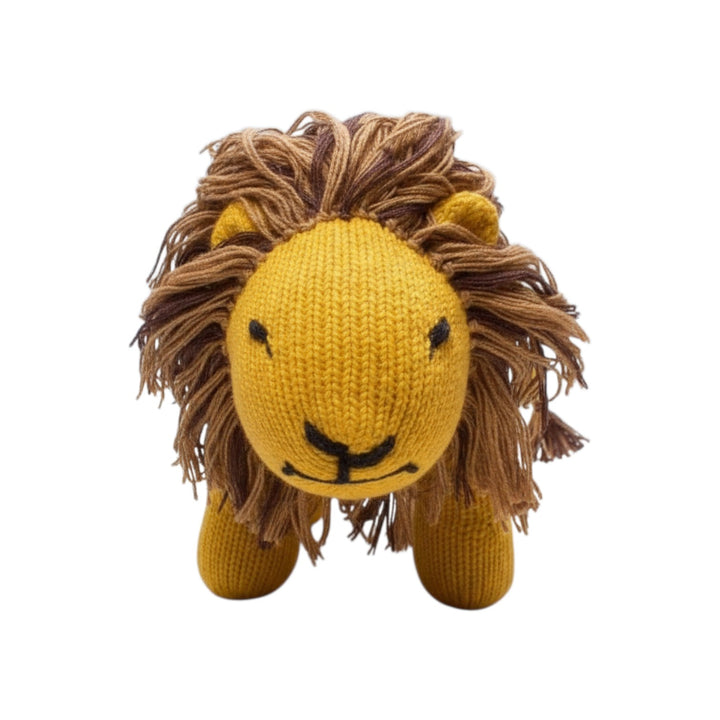 The Tiny Finch handmade Estella lion plush toy in yellow organic cotton with a brown yarn mane for nursery decor.