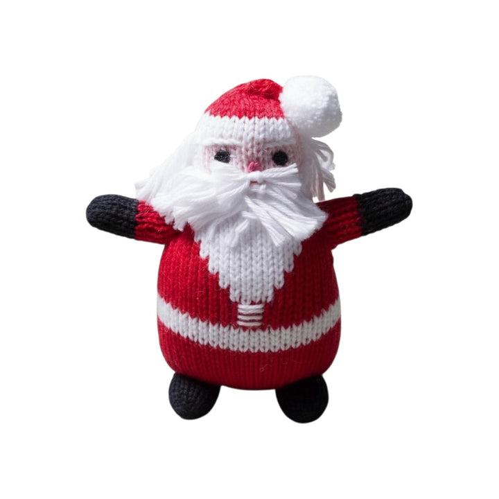 The Tiny Finch handmade knitted Santa rattle toy for babies with soft red and white yarn and a festive pom-pom hat.