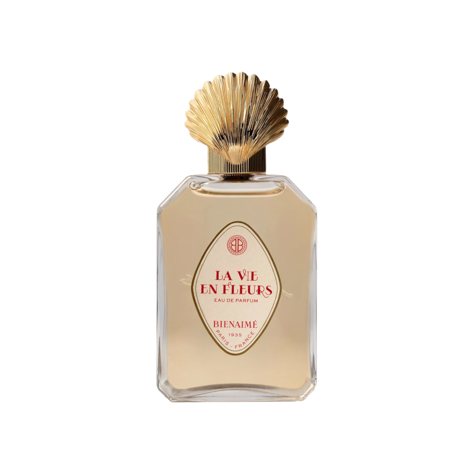 The Tiny Finch La Vie En Fleurs perfume bottle with a gold shell-shaped cap and elegant vintage-style label.