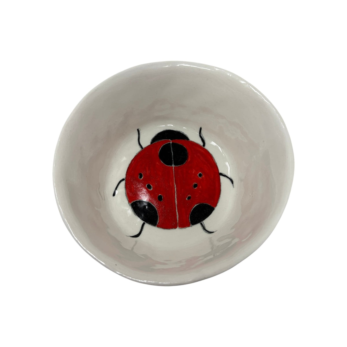 The Tiny Finch ceramic snack bowl featuring a hand-painted red and black ladybug design on a white background