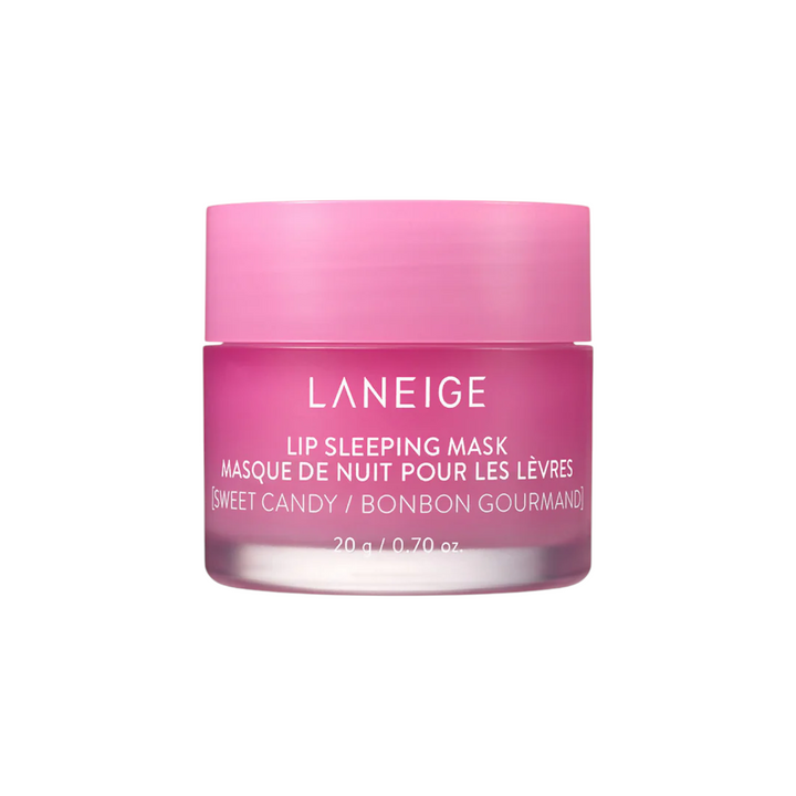 The Tiny Finch Laneige Sweet Candy lip sleeping mask in a pink jar for overnight hydration and lip softening.