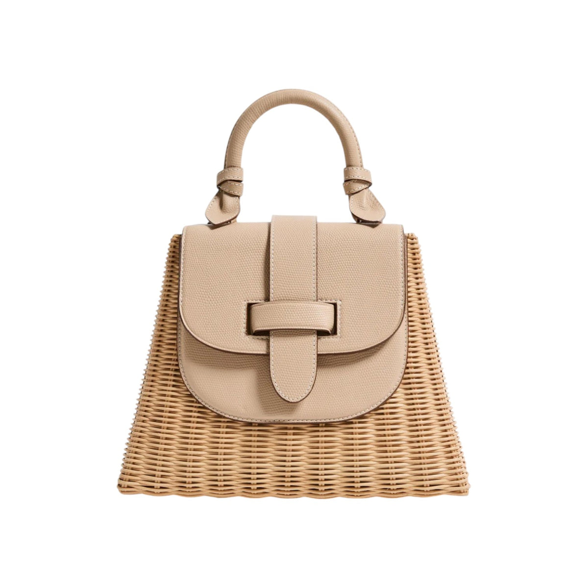 The Tiny Finch Lady Latte handwoven rattan bag with embossed lizard leather flap and signature knot top handle