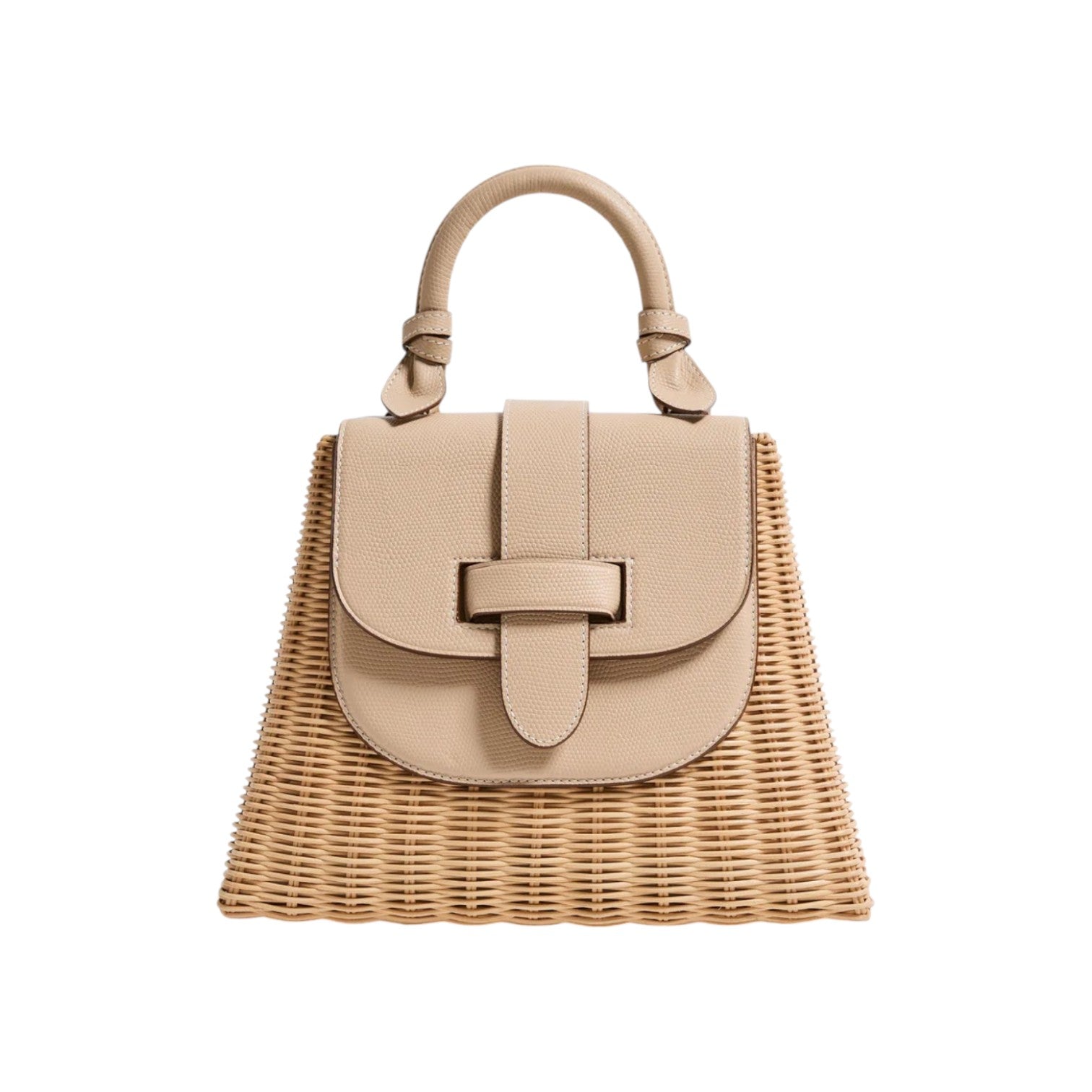 The Tiny Finch Lady Latte handwoven rattan bag with embossed lizard leather flap and signature knot top handle