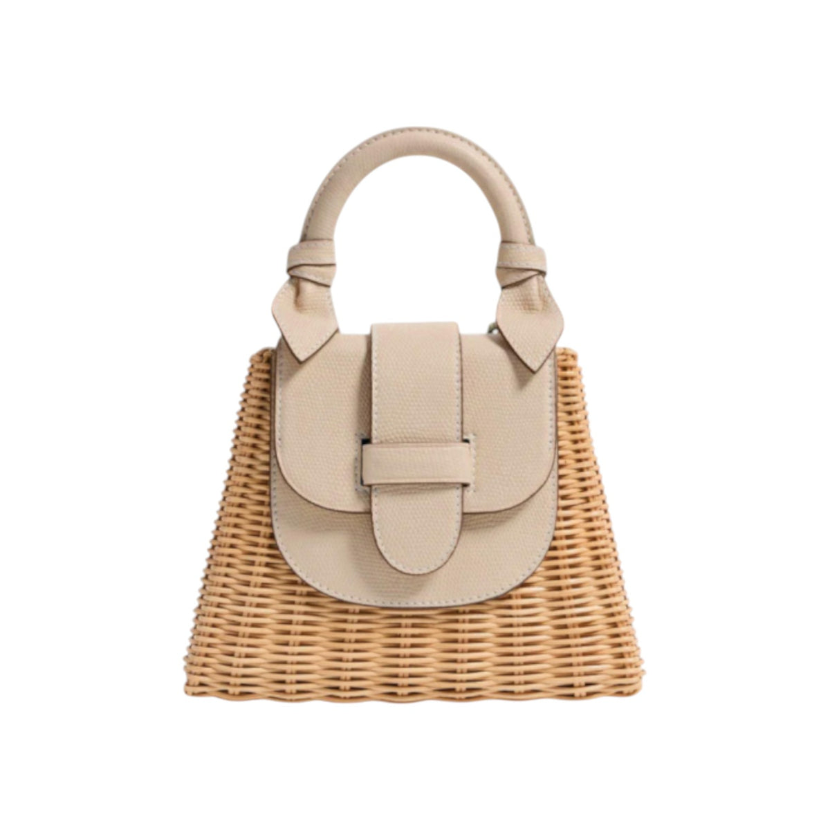 The Tiny Finch Petite Lady Latte bag in handwoven rattan with an embossed lizard leather flap and knot handle.