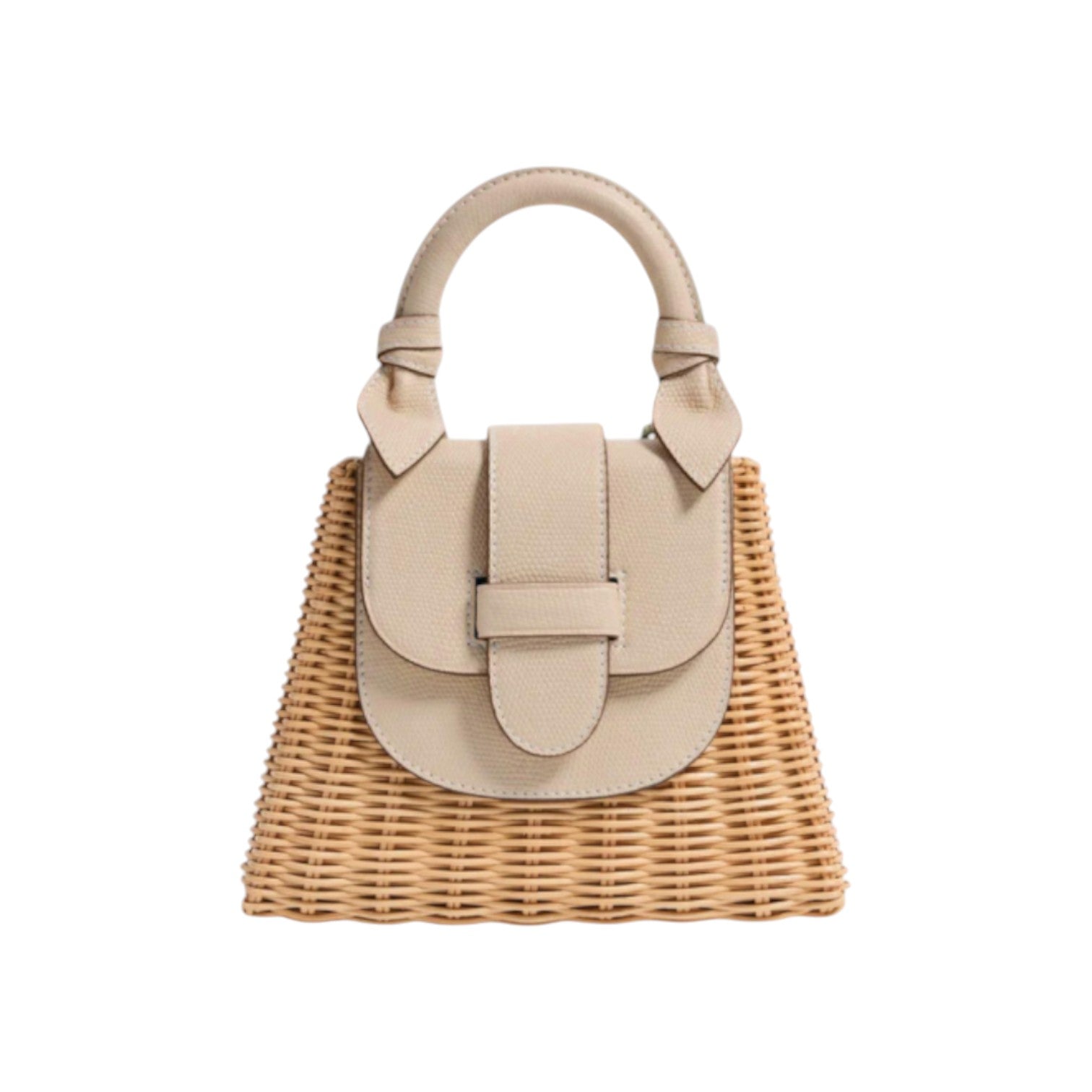 The Tiny Finch Petite Lady Latte bag in handwoven rattan with an embossed lizard leather flap and knot handle.