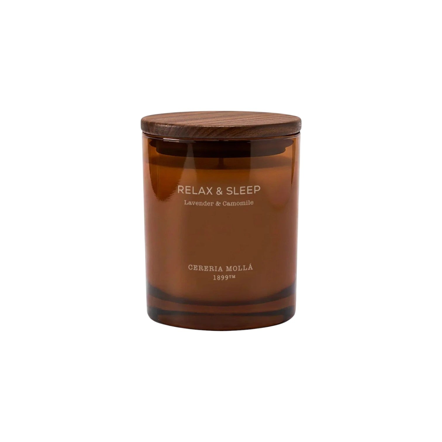 The Tiny Finch Relax & Sleep lavender and camomile scented candle in a brown glass jar with a dark wooden lid.