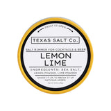 The Tiny Finch Texas Salt Co. Lemon Lime cocktail salt rimmer in a round yellow tin on a white background.