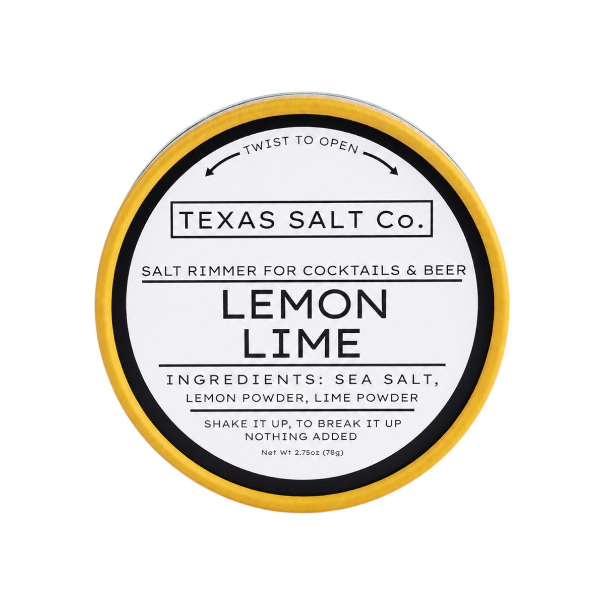 The Tiny Finch Texas Salt Co. Lemon Lime cocktail salt rimmer in a round yellow tin on a white background.