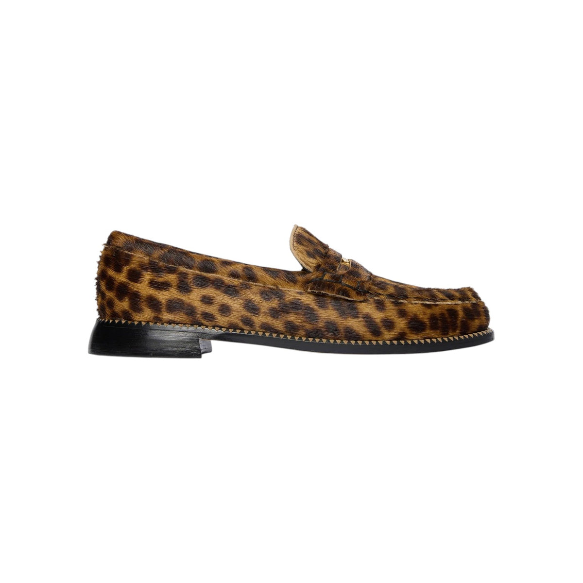 The Tiny Finch Elba leopard print calf hair penny loafer with a low black heel and detailed stitching