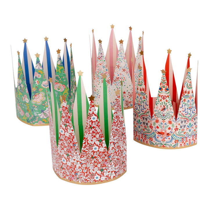 The Tiny Finch Meri Meri x Liberty festive paper party crowns with floral prints, gold foil stars, and striped lining.